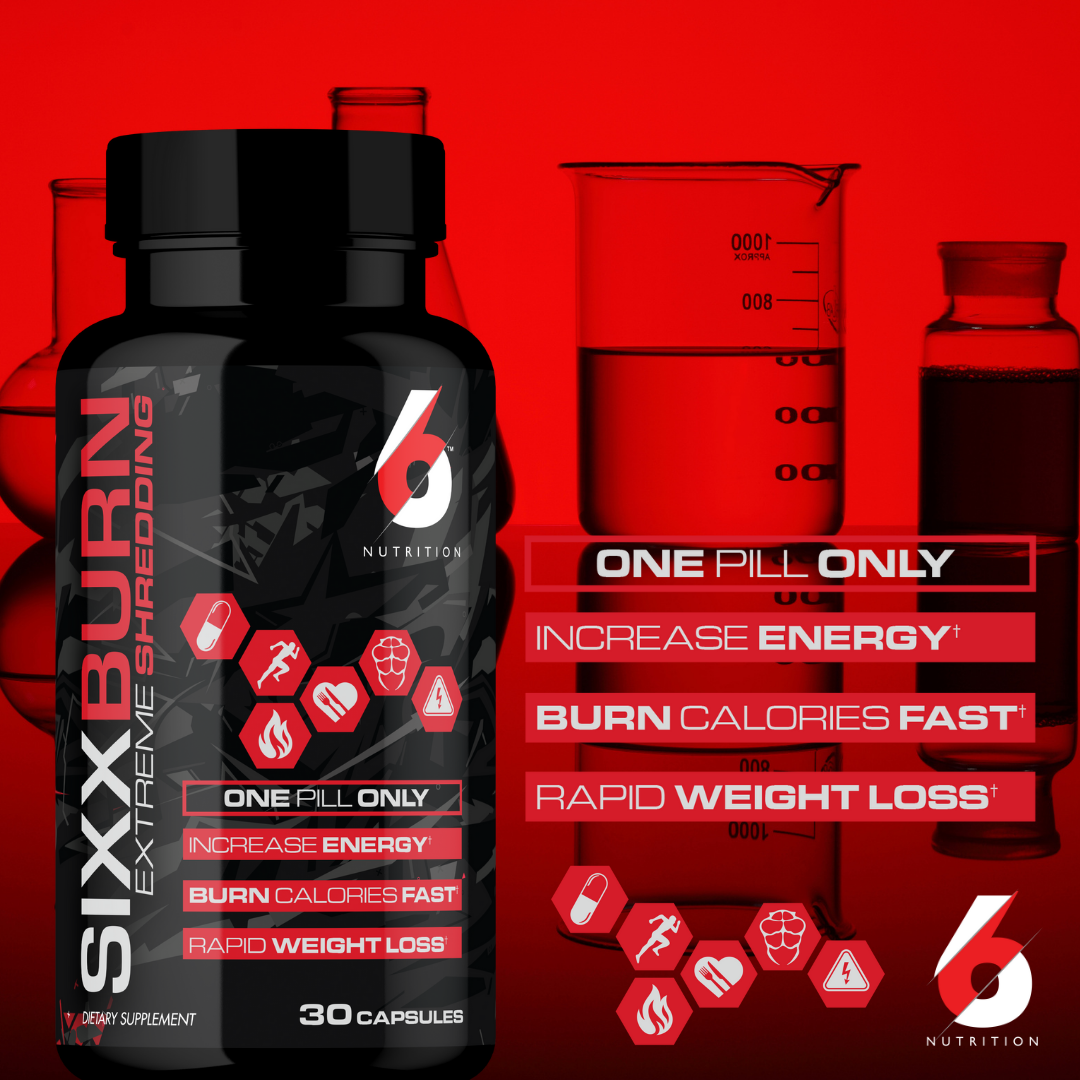 Sixx Burn Fat Burner, One Pill to increase energy, Burn Calories and supress appetite. Lose weight fast. Ingredietns, Lions Mane Mushroom, Caffeine, Acetyl L-Carnitine, Green Tea Extract, Casein Protein, Glucomannan 90% Konjac Root. 