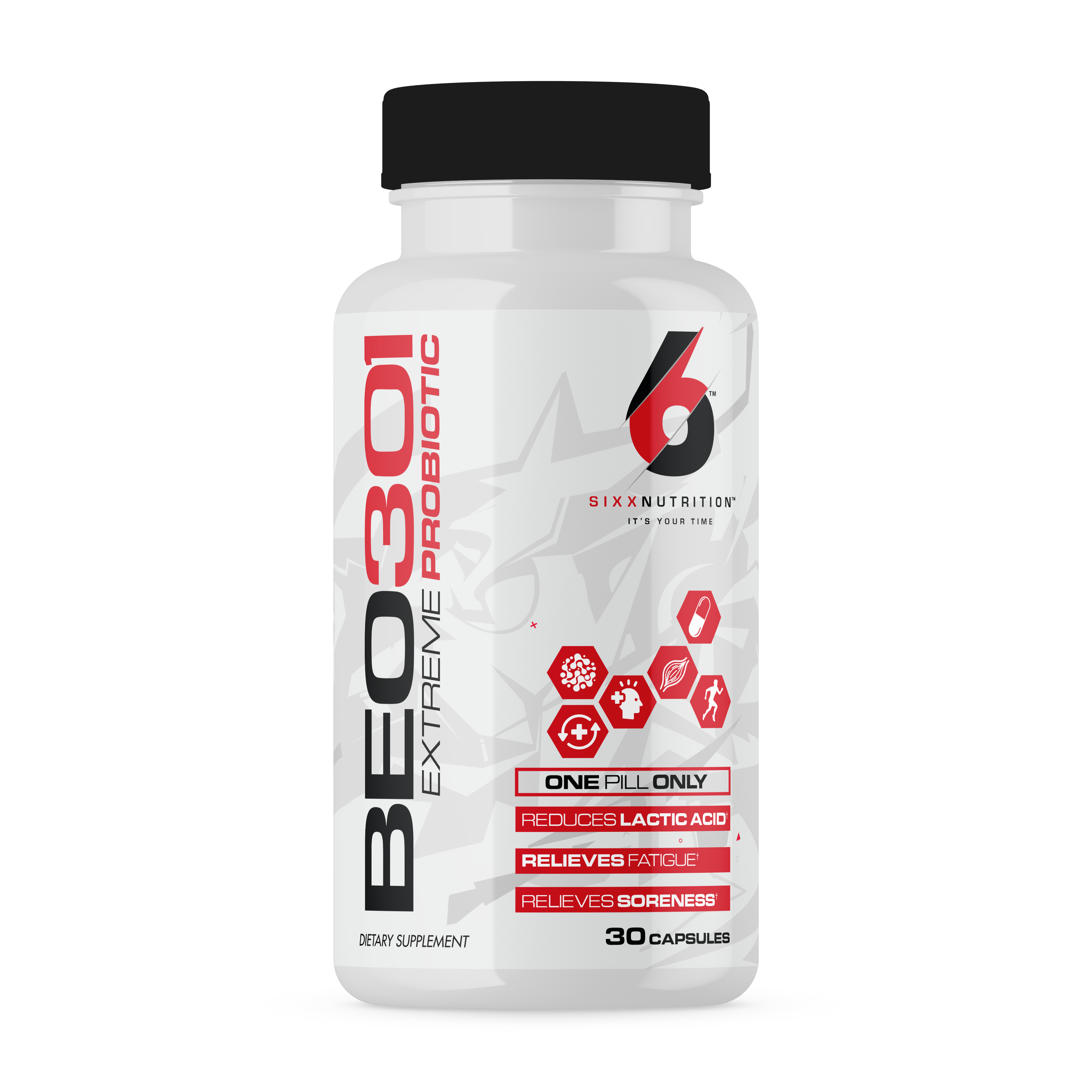 SPORTS PERFORMANCE STRENGTHING, 15 BILLION CFU BE0301 Extreme Probiotic by Sixx Nutrition 1 pill, maintains gut health formulated for athletes. Ingredients BE0301 PROBIOTIC, BEEF PROTEIN, PEA PROTEIN